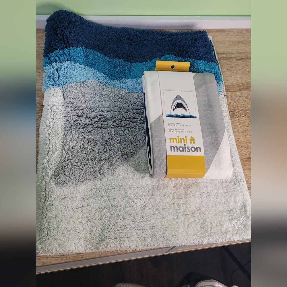 Mini Maison Blue and Gray Shark Bath Mat And Shower Curtain Set Kids Decor